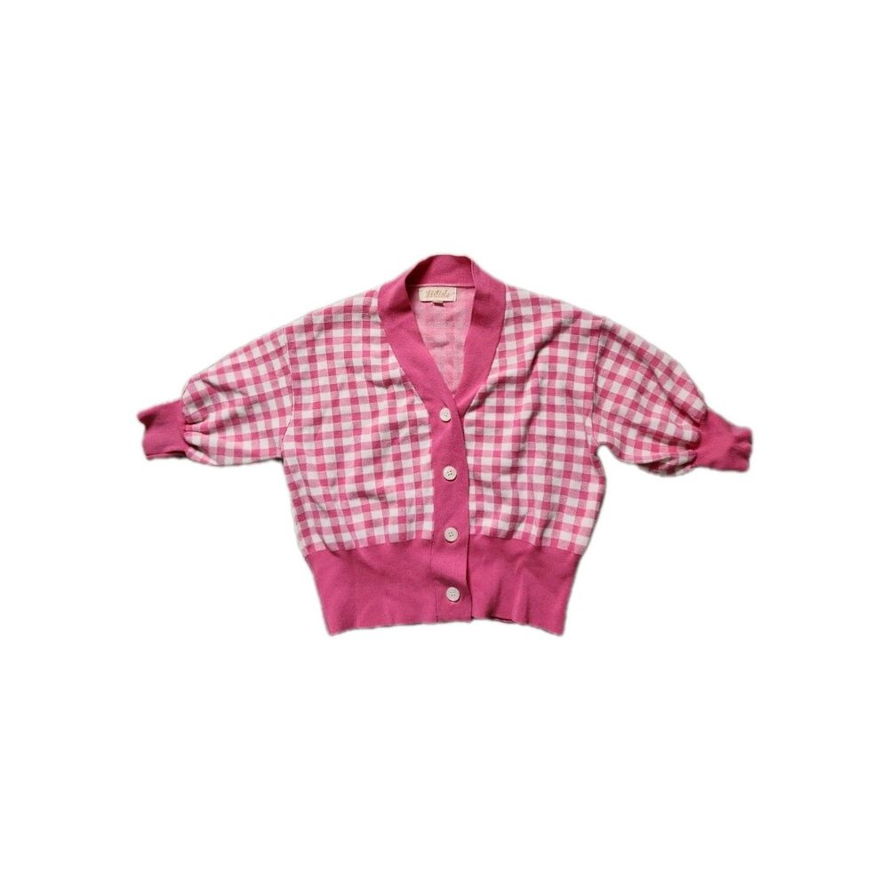Listicle Pink White Check Cardigan Sz M Cropped Button Heavyweight Stretch EUC